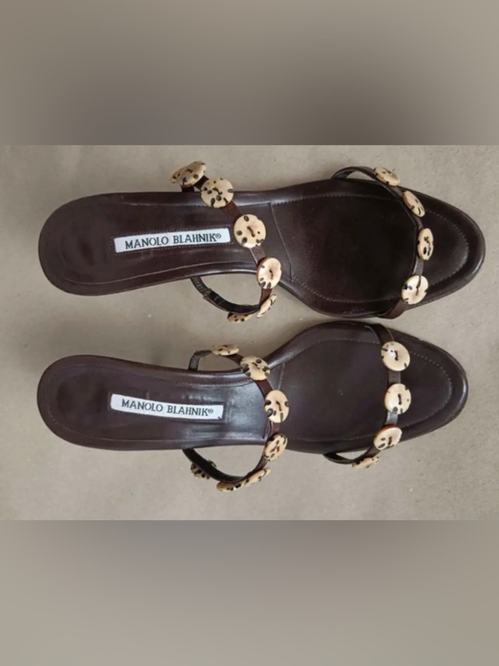 Manolo Blahnik Dark Brown Leather Sandals with Cream Stud Accents
